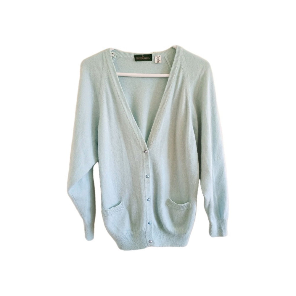 Vtg Boundary Waters Italy Angora Lambswool Blend Cardigan Light Blue Green Size